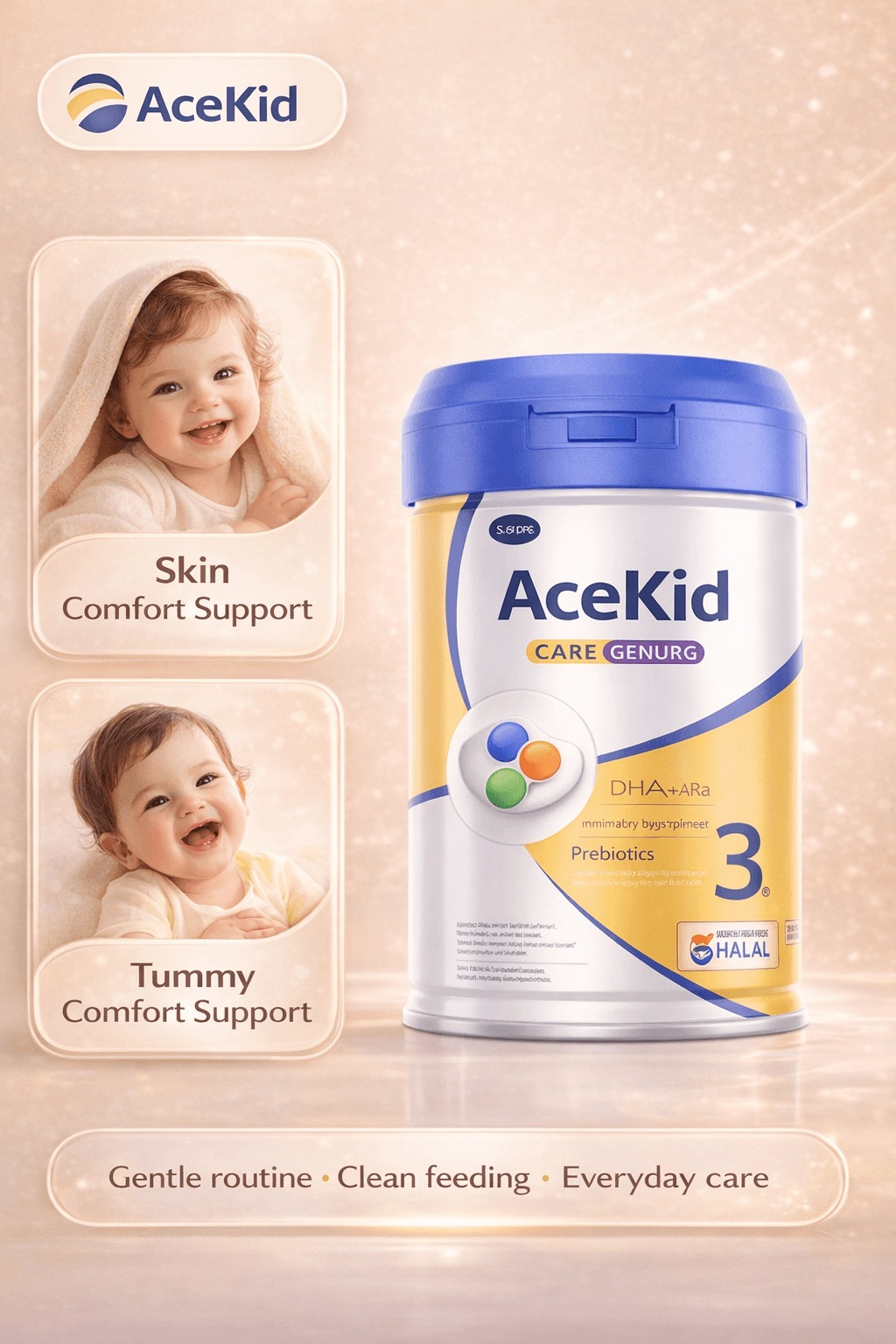 Kemasan formula AceKid newborn dalam pencahayaan lembut