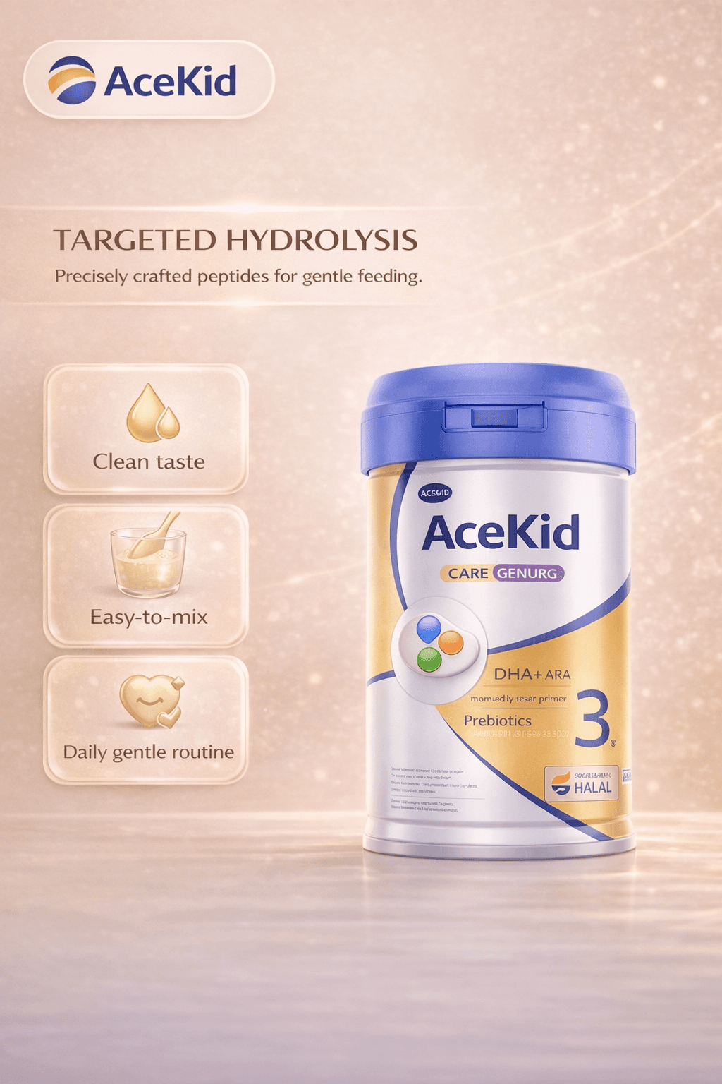 Kaleng AceKid golden toddler di latar hangat